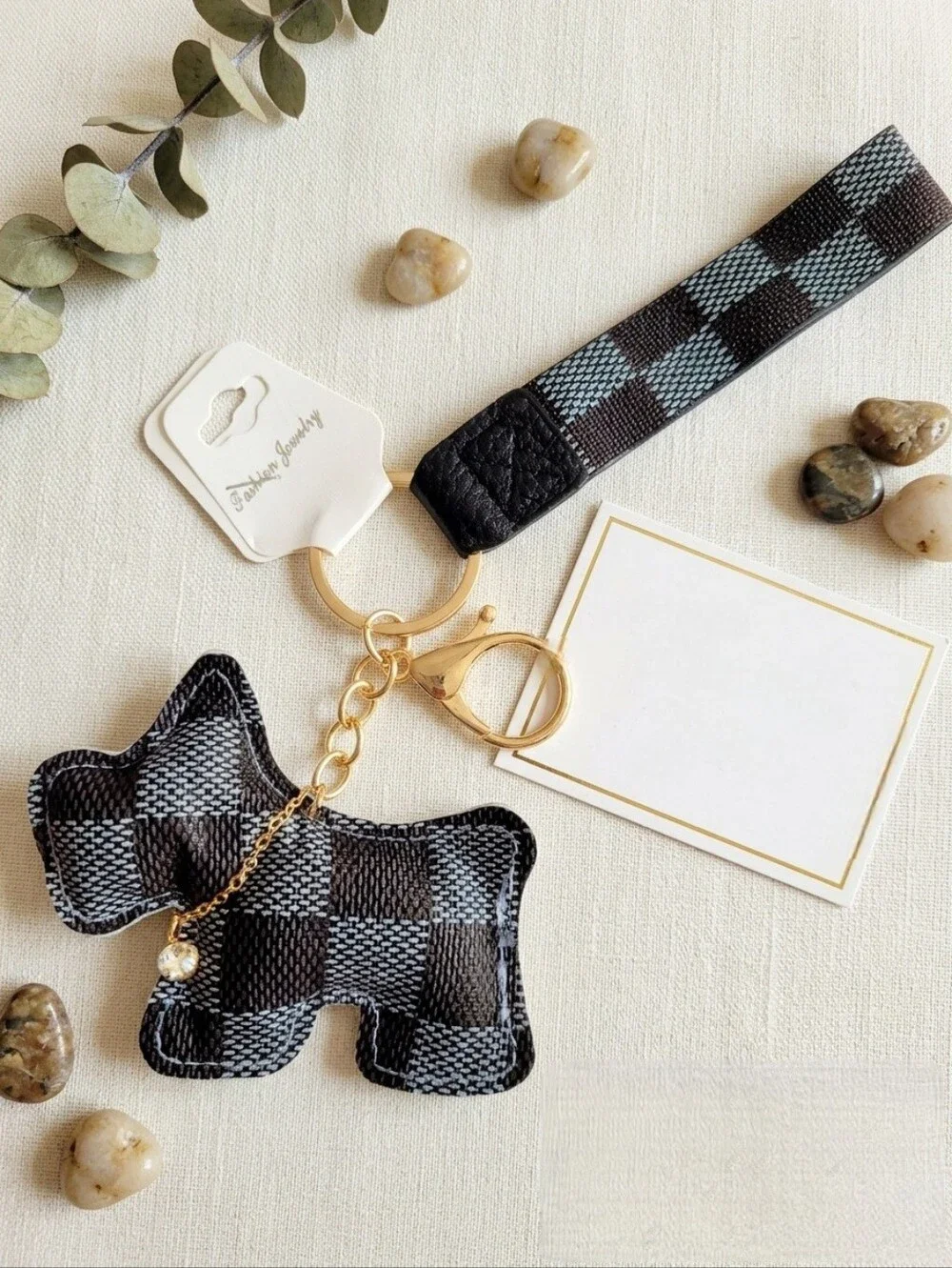 Checker Dog Keychain Wristlet - Black & Gray